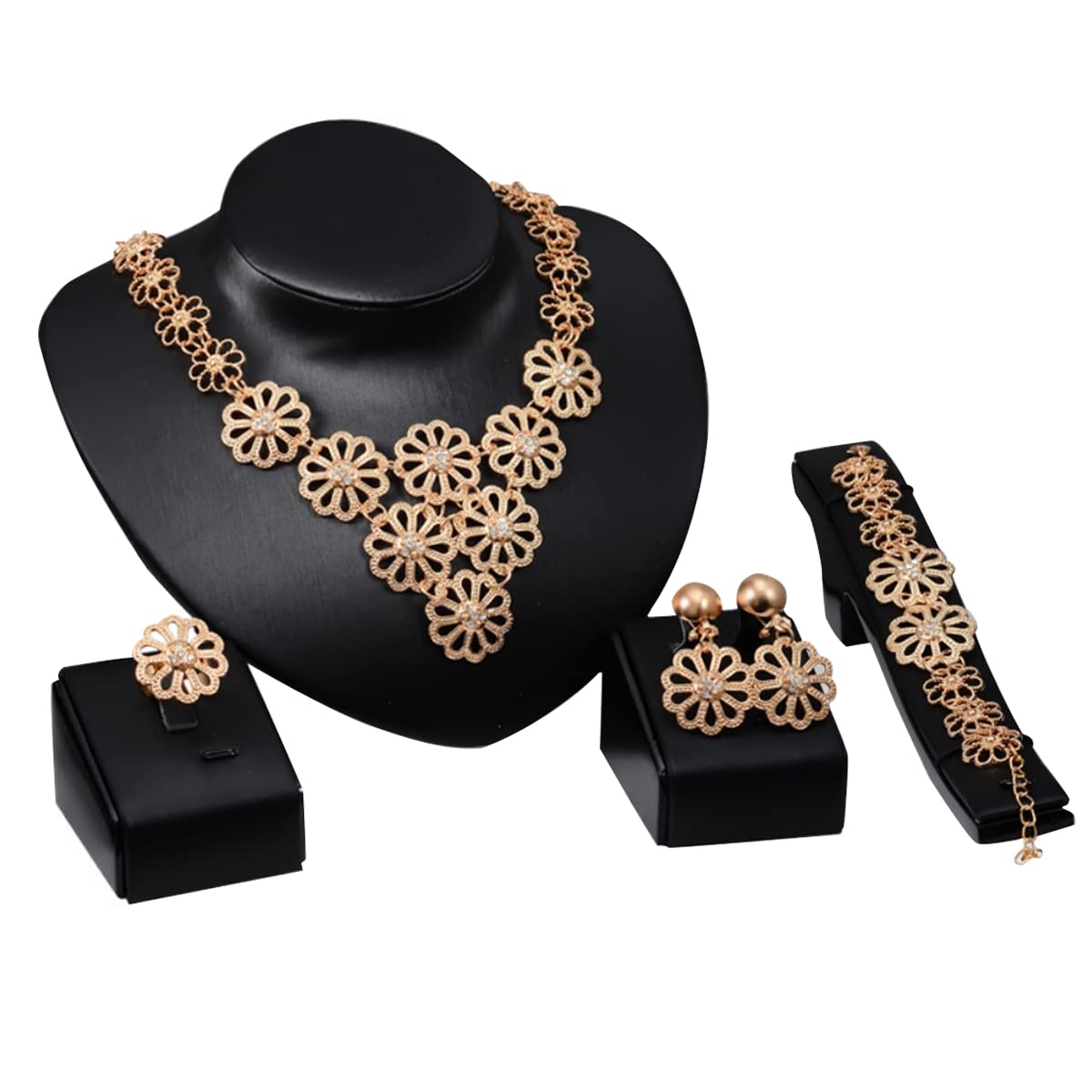SANNIDHI Jewellery Set for Women and Girls, Women Necklace Bracelet Ring Earring Heavy Duty Metal Jewelry Set, Hollowed Flower Design 18K Gold-plated Pendant Long Oxidized Necklace Set for Women Gift SANNIDHI Jewellery Set for Women and Girls, Women Necklace Bracelet Ring Earring Heavy Duty Metal Jewelry Set, Hollowed Flower Design 18K Gold-plated Pendant Long Oxidized Necklace Set for Women Gift